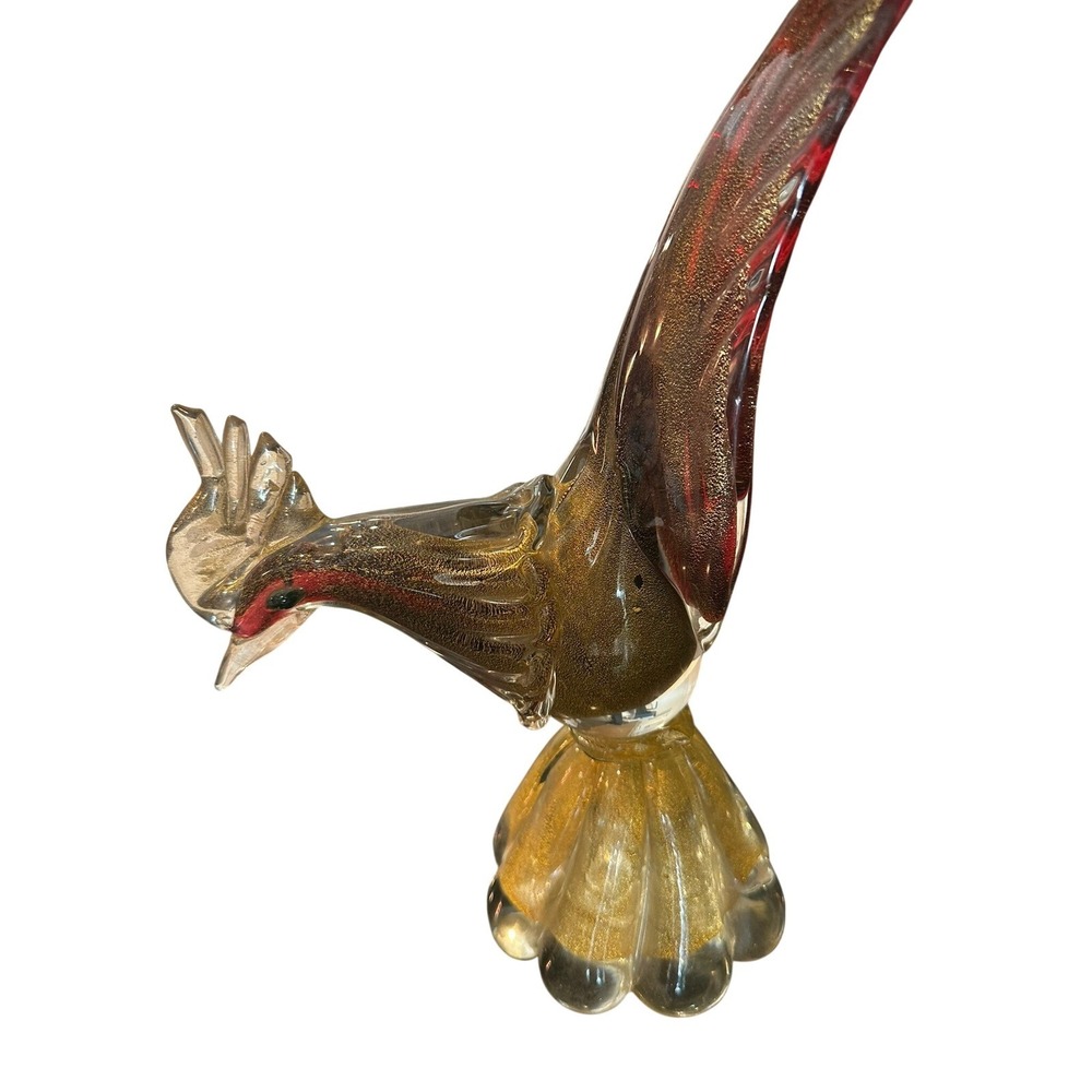 Murano Style Art Glass Pheasant Gold Aventurine Red Tail Bird Decor